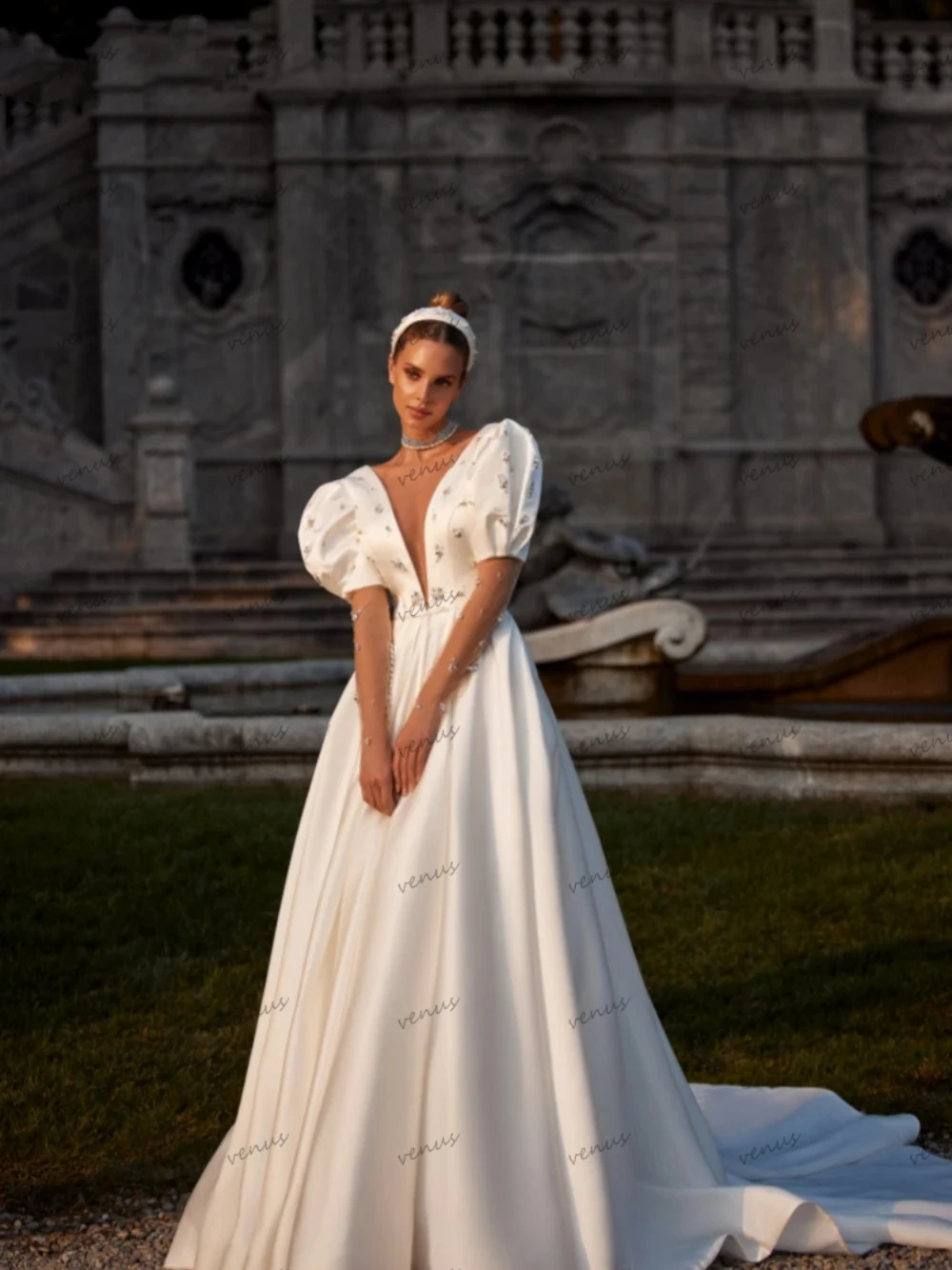 Vestidos De Novia De satén con cuentas De lujo, De línea a Vestidos De Novia, batas De princesa, mangas abullonadas, vestido Vintage para novias