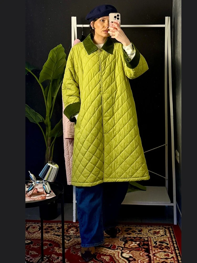 Women's Padded Long Coat Lapel Collar Diamond Pattern Quilting Loose Warm Outerwear 2026 Autumn Winter New Casual Daily Overcoat