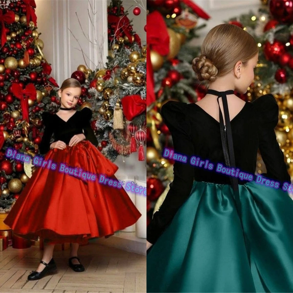 Vestido de niña de flores elegante personalizado de Navidad rojo o verde para boda niños regalo de cumpleaños fiesta banquete vestidos de princesa pequeña