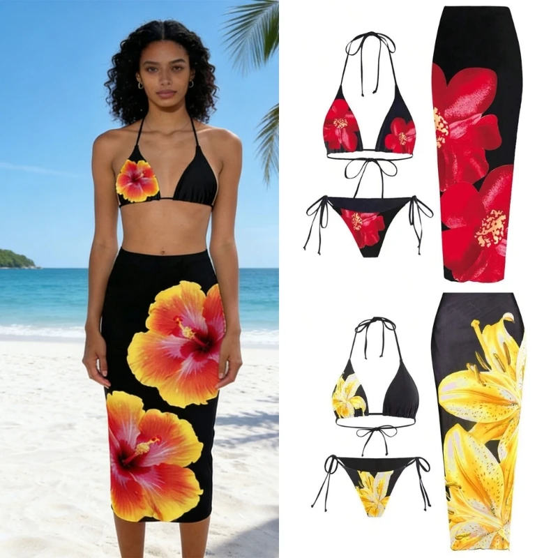 Traje baño 3 piezas para mujer con elegante tankini con falda y estampado flores que ofrece cobertura y tela suave para