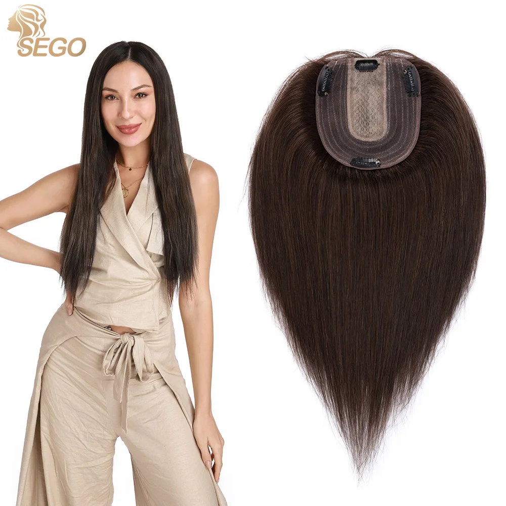 

SEGO 10x12cm Women Human Hair Toppers Silk Base Natural Scalp Top Wig Hairpiece Straight 4 Clips In Hair Piece Brown Blonde