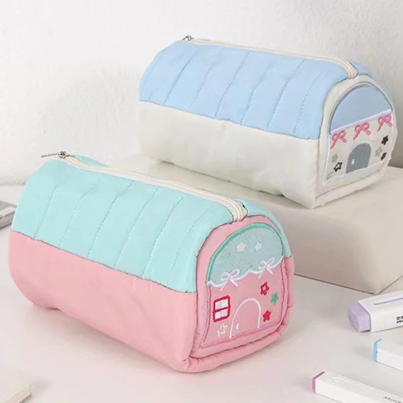 2 Styles House shape Pen Bag Cartoon Pencil Case Dual Canvas Pocket Storage Bag Pouch Stationery School girl Birthday Gift