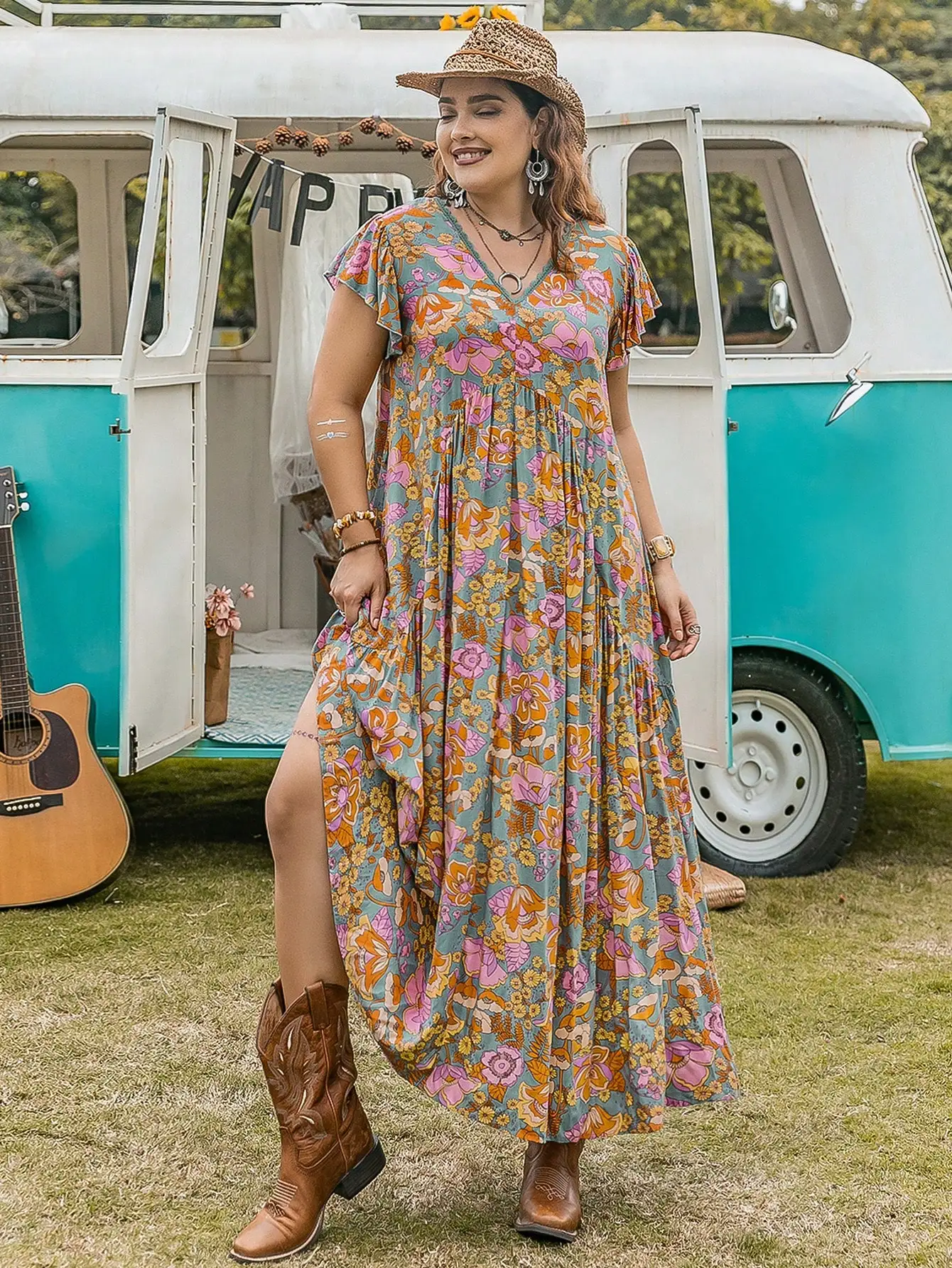 

Boho Floral Maxi Dress with V-Neck and Lotus Sleeve for Beach Festival