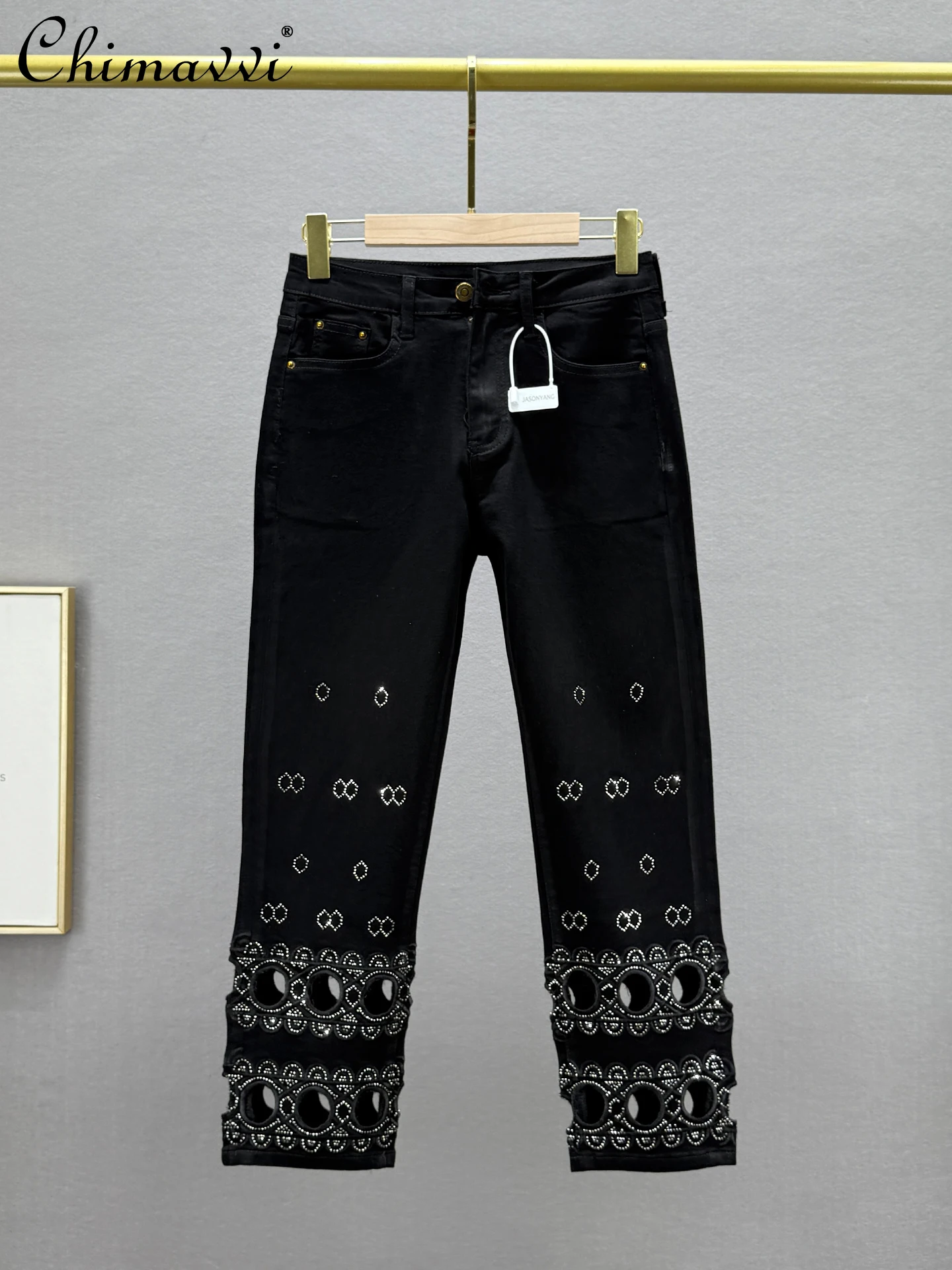 Fashion Straight Eight-point Jeans Womens 2025 Summer New Elastic High Waist Slim-fit Retro Hollow Hot Diamond High Street Pants