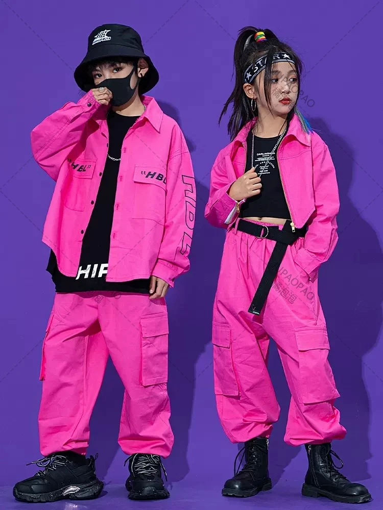 Pink Hip Hop Dance Clothes For Kids Kpop Costume Tooling Coat Cargo Pants Girls Concert Group Hiphop Performance Outfit JUPAOPAO