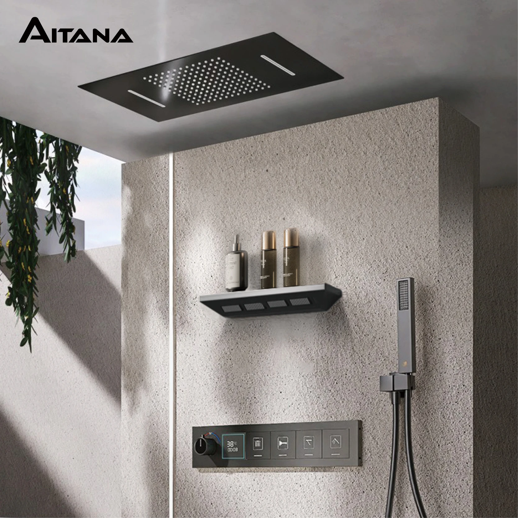 Gun Gray Brass Ceiling Constant Temperature Shower System Embedded Design LED Digital Display Cold and Hot Water Bathroom Mixer
