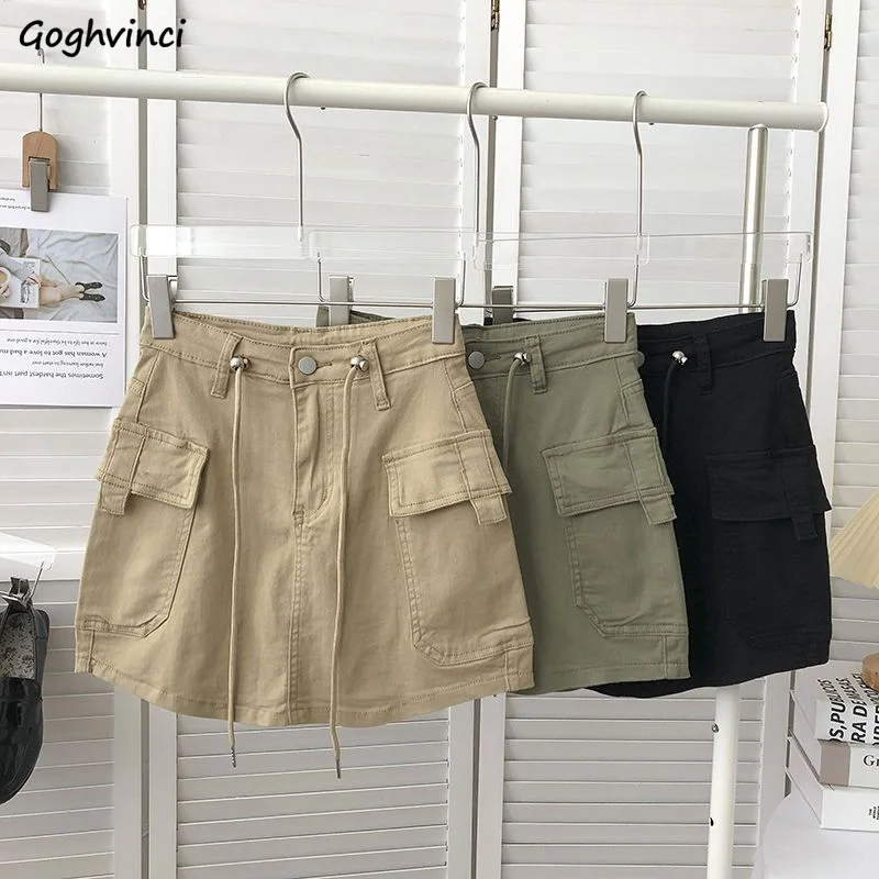 

Denim Skirts Women Summer Solid Vintage Korean Style Fashion All-match Drawstring High Waist Pockets Daily Casual Simple Chic