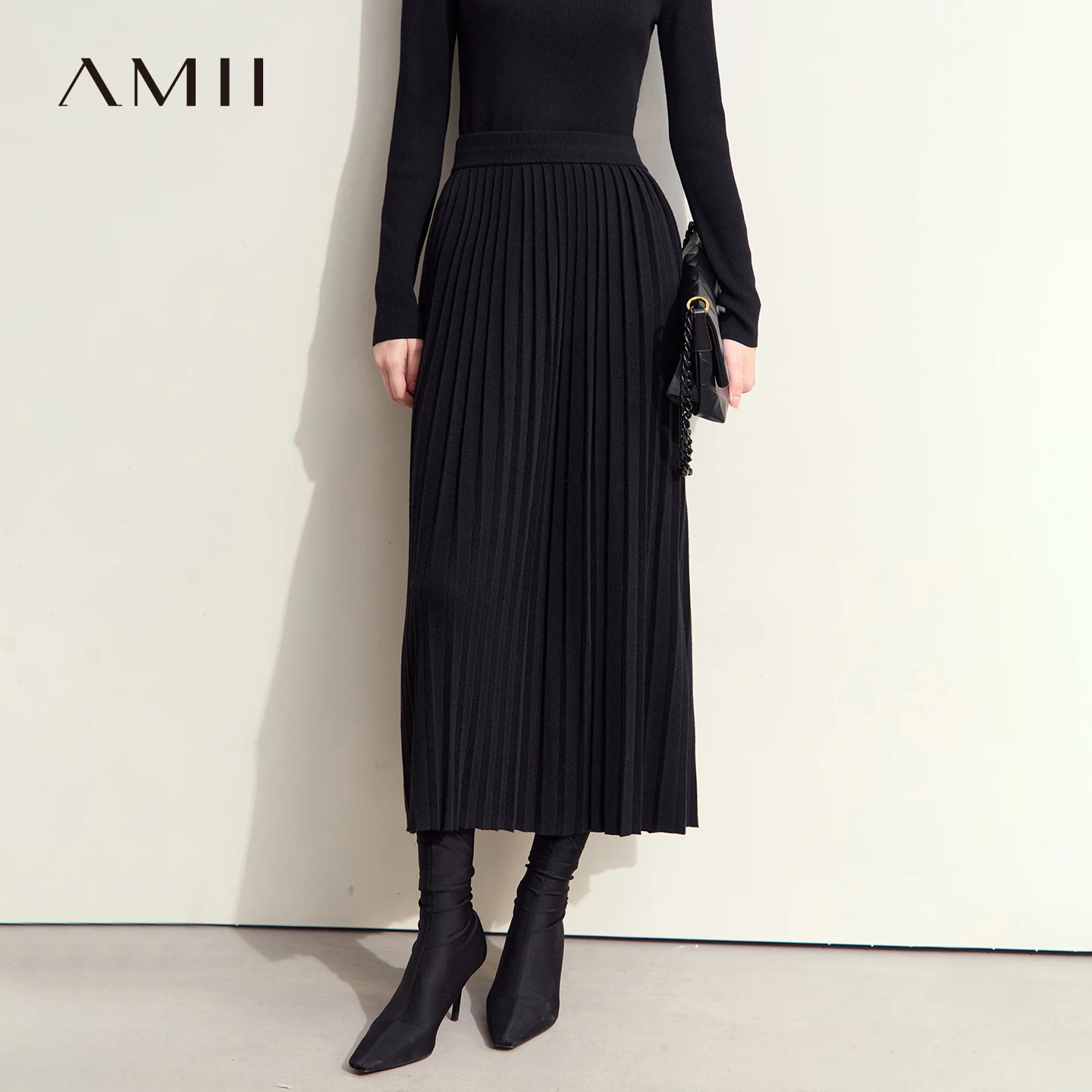Amii Women's A-Line Pleated Midi Skirt Elastic Waist Loose Fit Knit Casual Commuter Minimalist Autumn 2026 Women Skirts 12623156