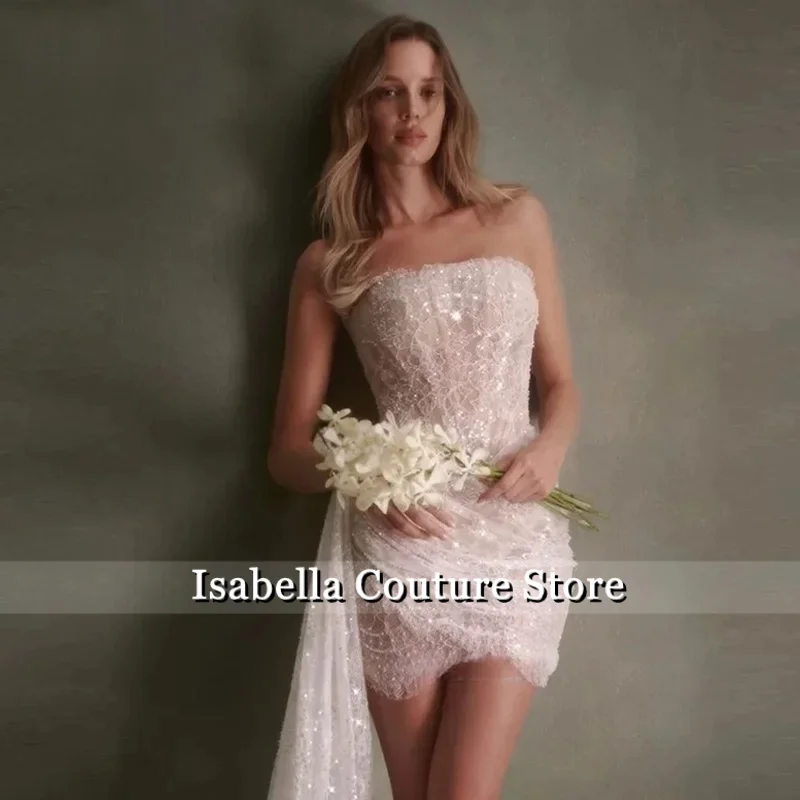 Glitter Ivory Mini Wedding Dresses Lace Sleeveless Pleats Bridal Gowns Sequined Coacktail Wedding Party Gowns Customized