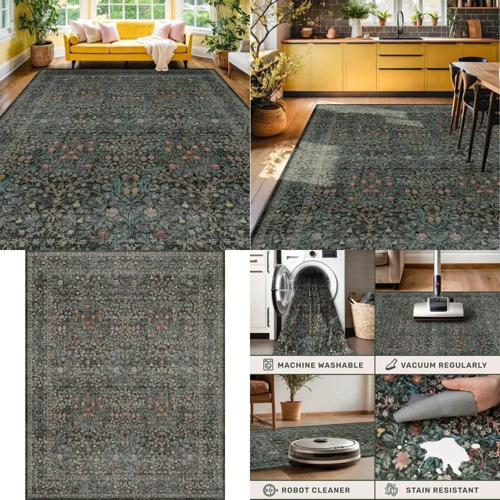 

Elegant Dark Green 8x10 Rug, Washable Area Rug for Living and Dining Rooms, Suitable Under Kitchen Table, Bedroom, Oriental Low
