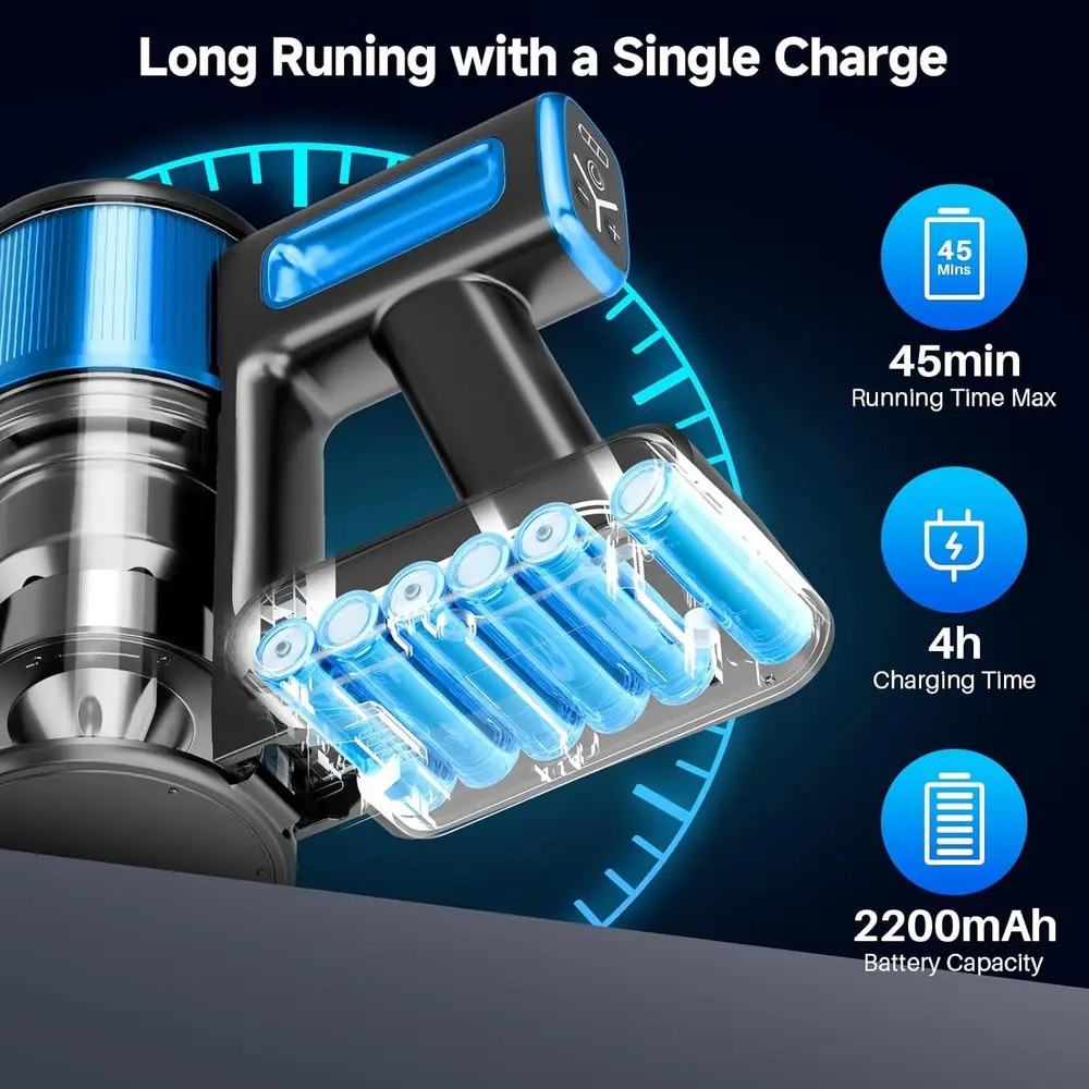 Aspiradora de varilla inalámbrica liviana 8 en 1, tiempo de ejecución de 45 minutos, antienredos, ideal para pisos de madera dura, alfombras, pelos de mascotas