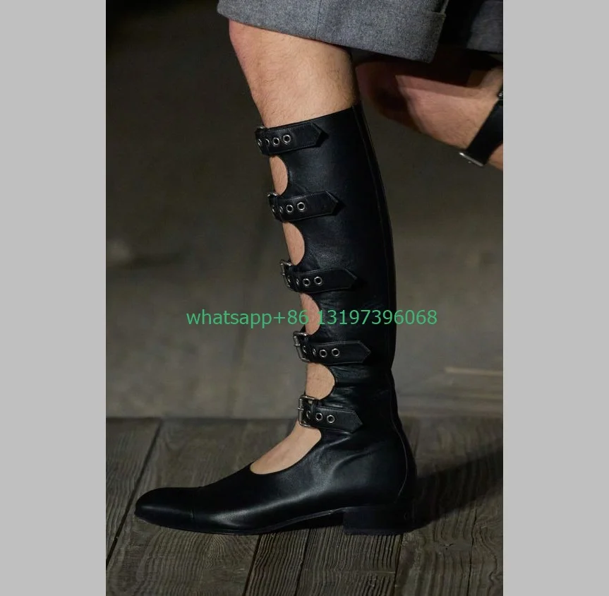 Lady cut-out black PU buckle strap knee boots hollow design knee cowboy boots running runway chunky heel shoes boots vintage 46