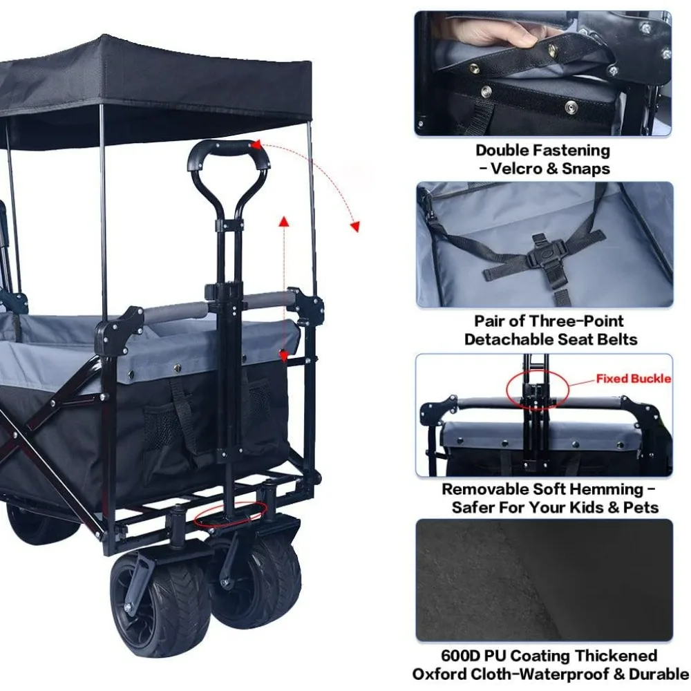 

Heavy Duty Collapsible Wagon with Removable Canopy 4'' Wide Large All-Terrain Wheels Brake System Adjustable Handle