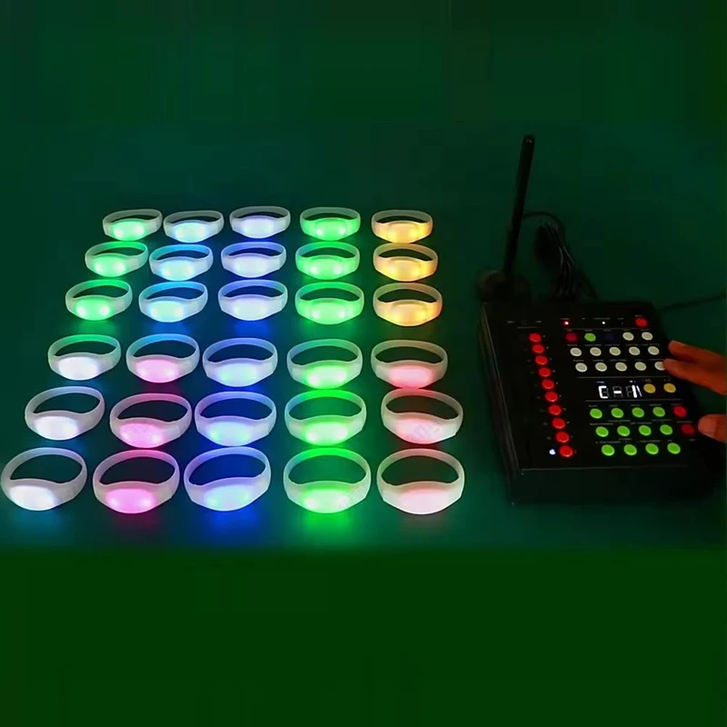 

10Pcs LED Silicone Bracelets RGB Color Changing With 24Keys 12Keys 400 Meters 10 Area Zones Remote Control Luminous Wristband