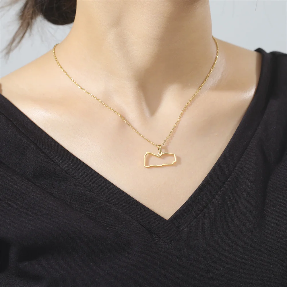 EUEAVAN Yemen Map Outline Pendant Necklace for Women Men Stainless Steel Arabic Country Geography Necklaces Ethnic Jewelry Gifts