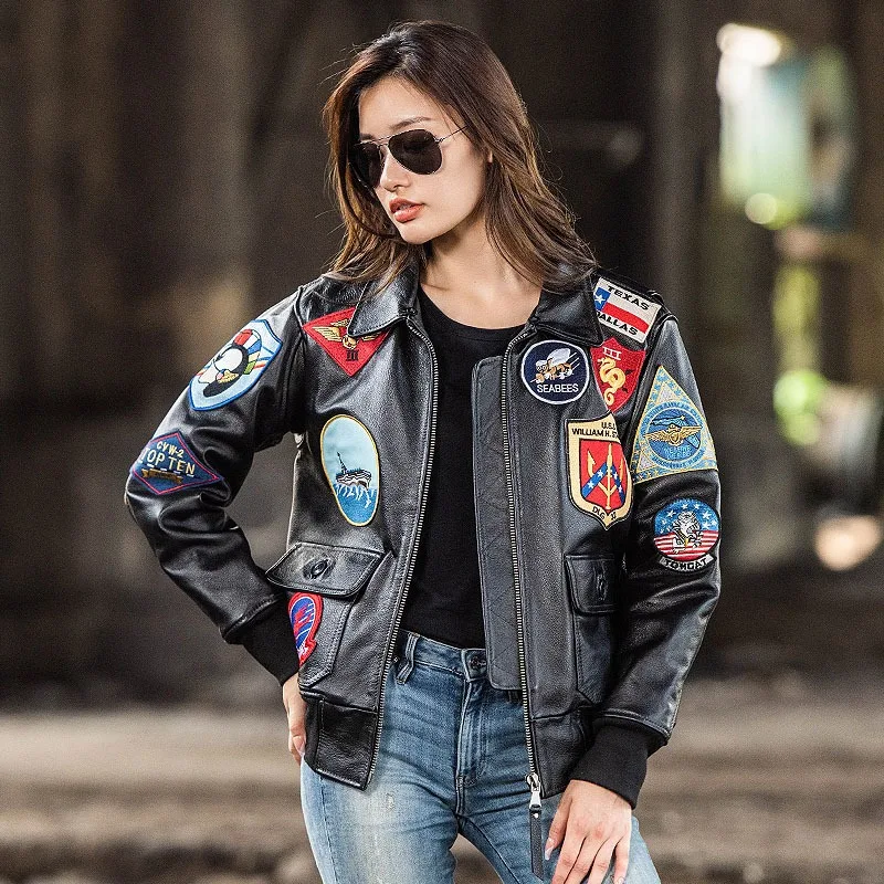 2024 New Women\'s Top Gun Air Force G1 Pilot Jacket Fashion Embroidered 17 Marks Head Layer Cowskin Lined with cotton Winter Coat