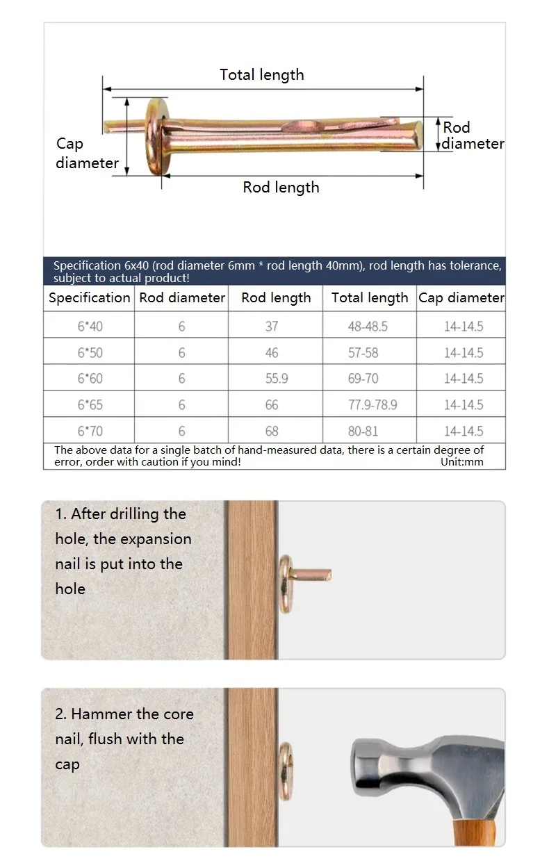 M6 Color Zinc Carbon Steel Hammer Drive Rivet Percussion Expansion Nail Screws for Cement Wall Hollow Brick Special Ceiling