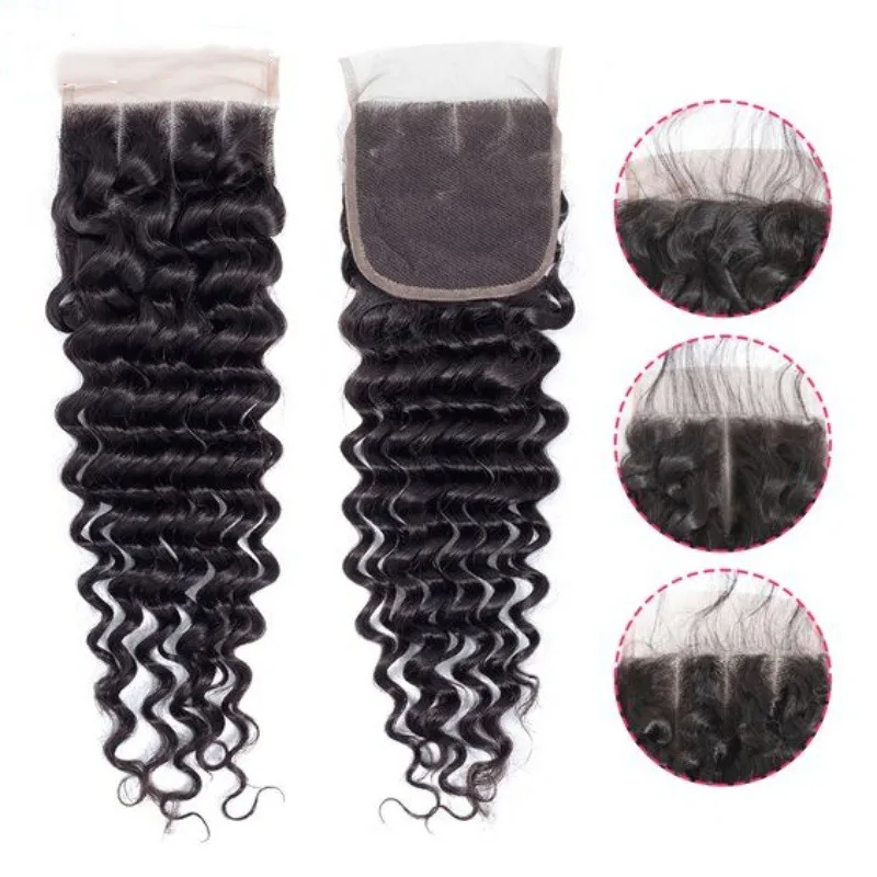 Natürliche Farbe, 4x4-Spitzenverschluss, tief gewelltes Echthaar, vorgebleichte Knoten, weiches, gewelltes Spitzenverschlussstück für den Salon-Haarsalonbedarf – Detail 2