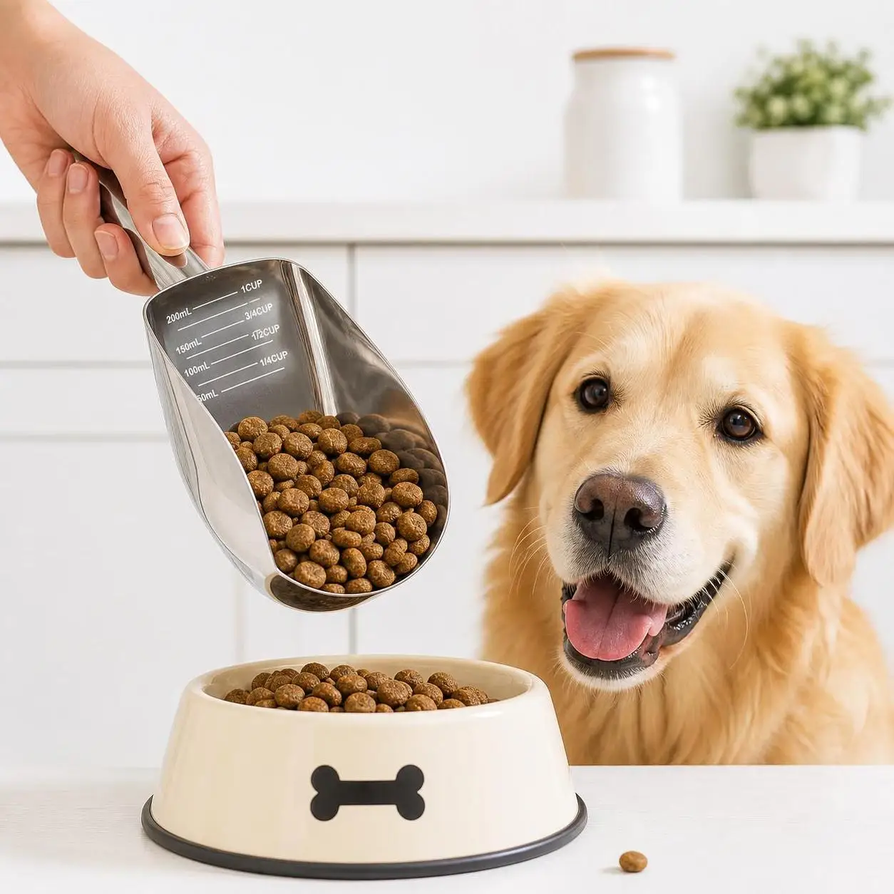 Stainless Steel Pet Food Scoop Long Handle with Scale Food Measuring Cup Ergonomic Handle Rustproof Dog Feeding Spoon Buffet