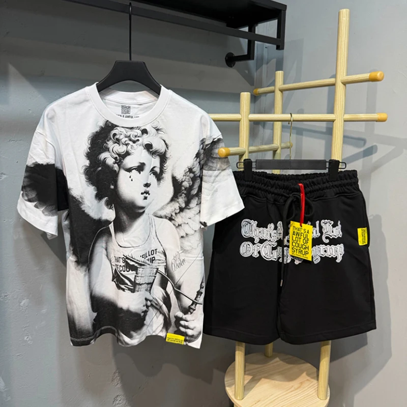 2026 New Unisex 2Pcs Tracksuit That's A Awful Lot of Cough Syrup Angel Graphic Tee Vintage Letter Shorts Hip Hop Outfit