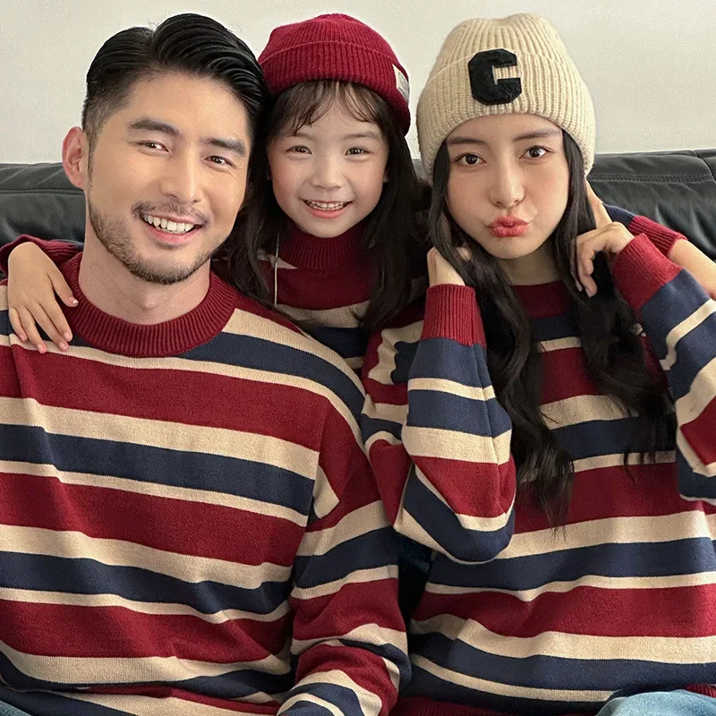 Korean Style Mom Dad Kids Matching Outfits Striped Knitting Sweaters Full Sleeve Pullover Warm Soft Knitwear Family Look Jumpers
