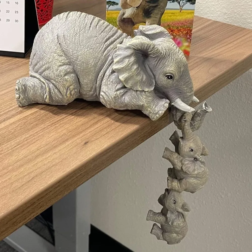 3 Elephant Mother & Babies Figurines - Fireplace Decor, Resin, Shelf Hanger - view 5