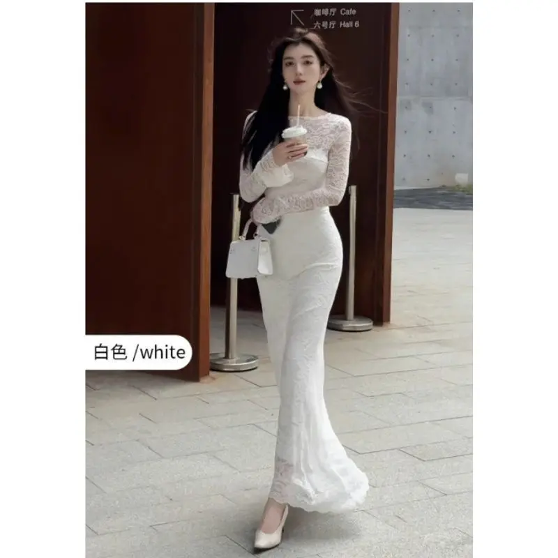 New Temperament Slimming Slim Suspender Dress Women's One-line Collar Lace Hip-covering Long Skirt
