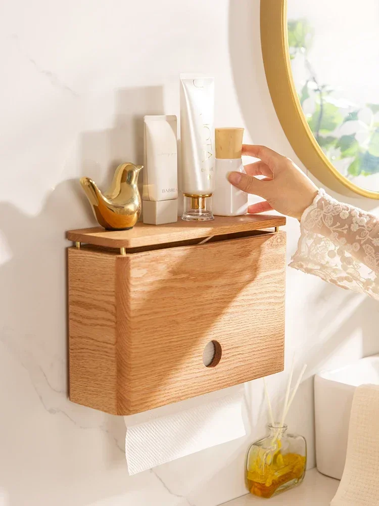 

-Household wall-mounted paper towel box shelf, toilet dry hand pumping paper, solid wood waterproof toilet, non-perforated, comm