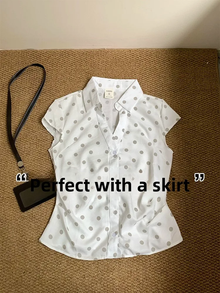

American Style Spicy Girl Waist Cinched Polka Dot V Neck Short Sleeve Shirt Women Summer High End Slimming Top Korean Style