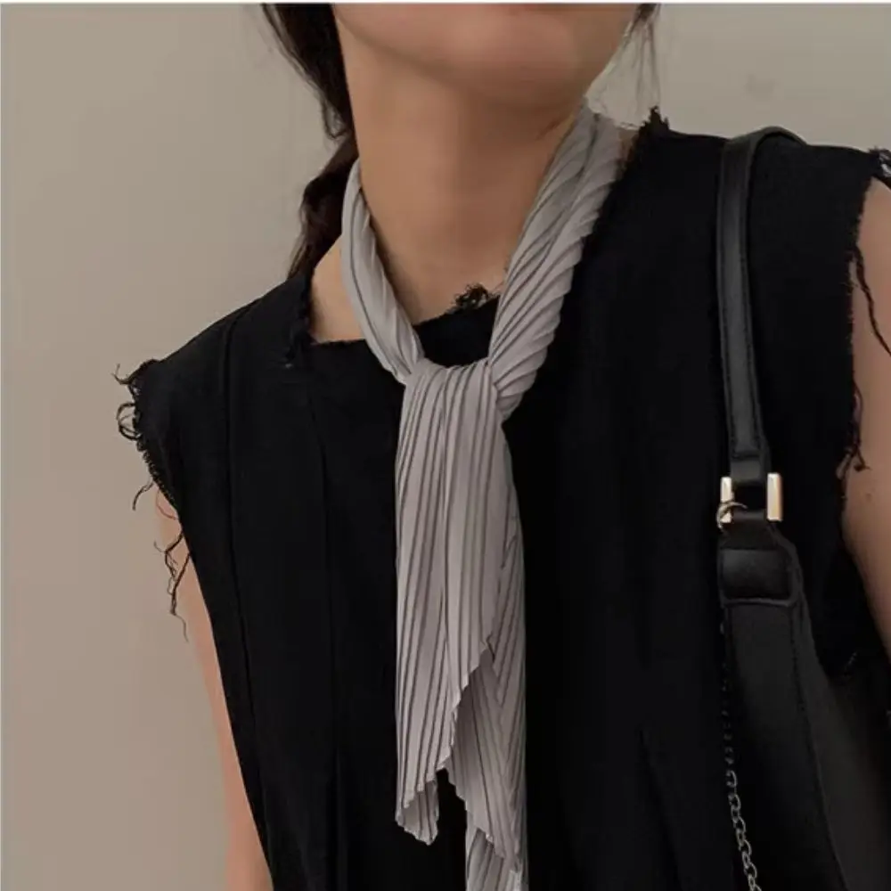 Skinny Pleated Satin Scarf Hair Scarf For Women Silk Satin Headscarf Neckerchief Foulard Scarves Decorative Solid Color Headband