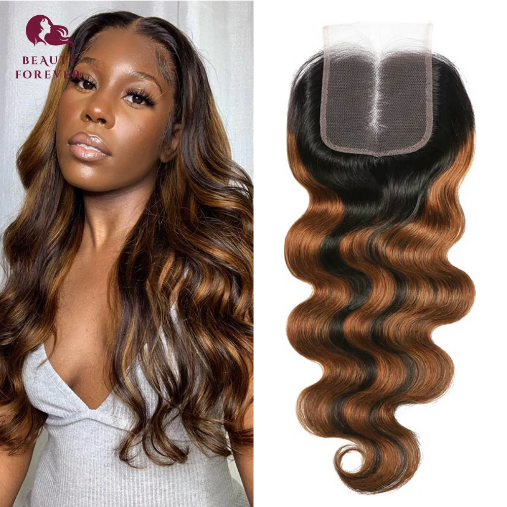 Beauty Forever Ombre Highlight 4x4 Lace Closure Body Wave Free Part  Balayage Brown Colored Human Hair Closure For Black Women