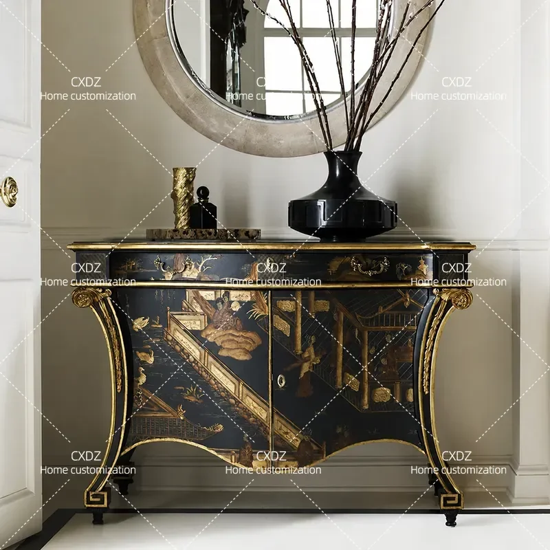 Solid Wood Carved Flower Painted Entrance Cabinet Corridor Art Landscape Picture Dining Side Cabinet High End