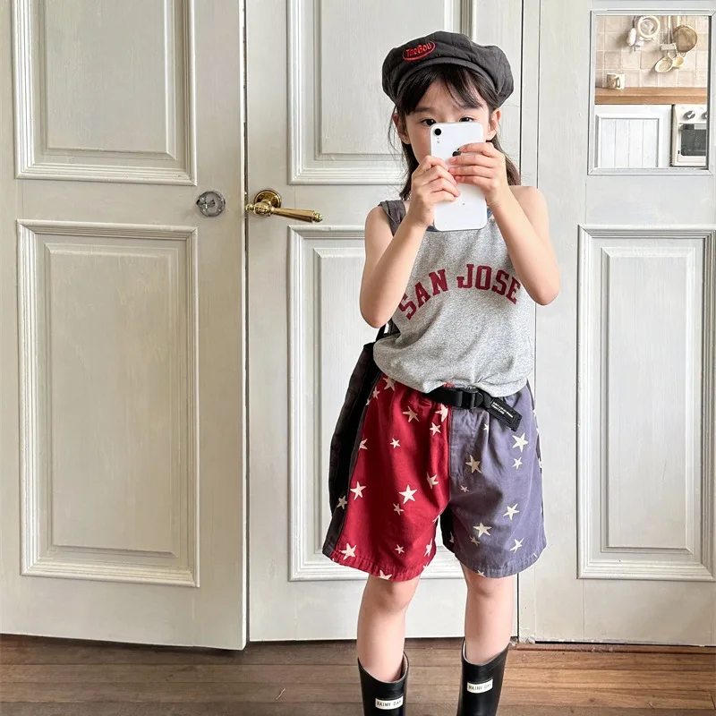 2026 Summer Korean Style Kids Shorts Five-pointed Star Print Color Blocking Half Pants Fashion Boys Girls Short Pants