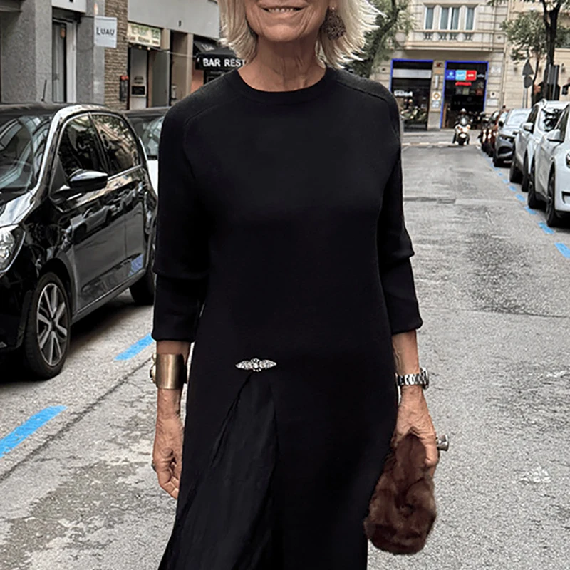 

Модная сетчатая юбка, праздничная одежда, женский топ с круглым вырезом и длинными рукавами, нестандартный топ, простой однотонный уличный комплект, однотонный комплект