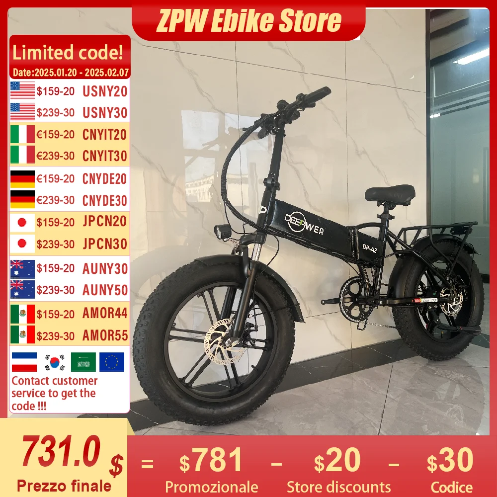 ZPW Electric Bike for Adult 750W 48V 20AH Lithium Battery 20inch Fat Tires Disc Brake Electric bicycle  Mountain Off-Road Ebike