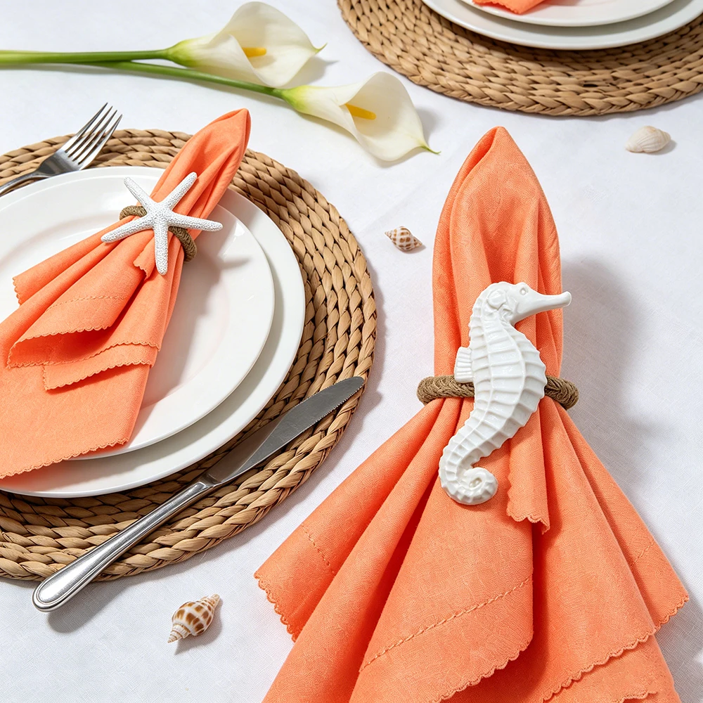 Dvianna Starfish Seahorse Napkin Rings 8Pcs Resin Rope Napkin Holder Rings Beach Wedding Nautical Dining Table Decor