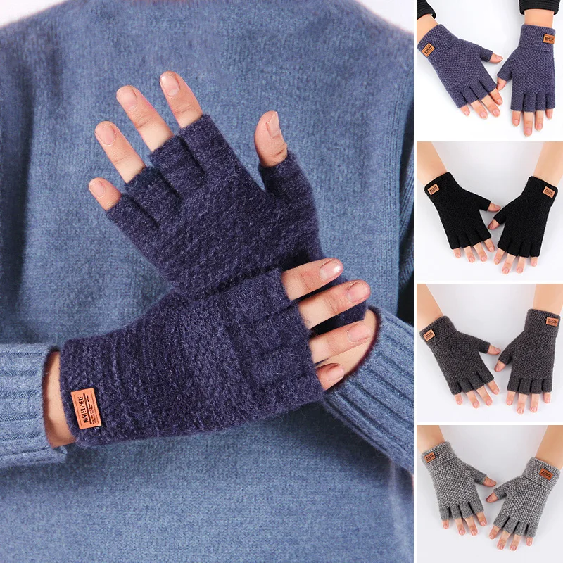 Outdoor Half Finger Gloves Men Winter Warm Wool Mittens Unisex Elastic Knitted Touchscreen Nonslip Fingerless Gloves