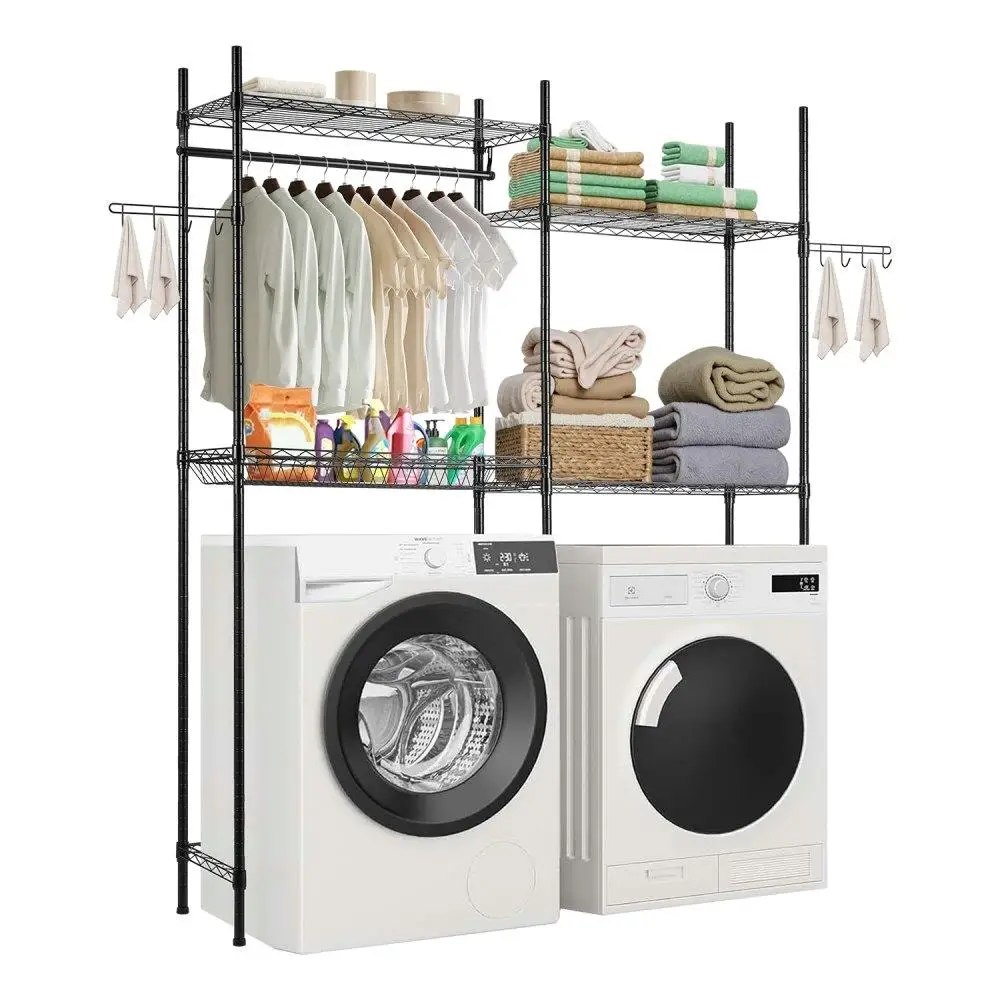 

4 Tier Adjustable Laundry Room Storage Shelf Over Washer Dryer Rack with Hanger Rod Hooks Space Saver Black