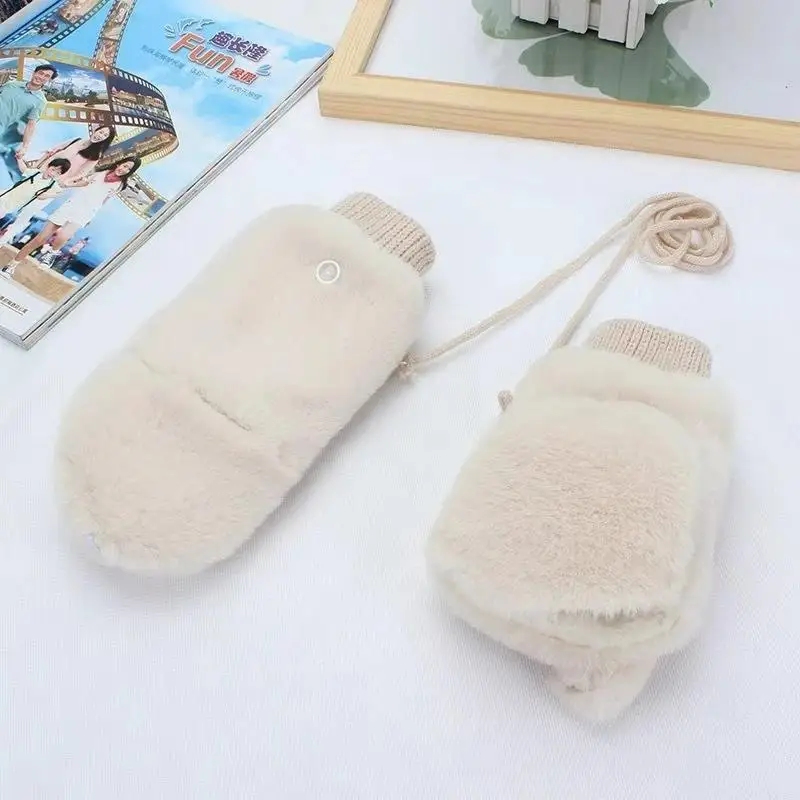 Cute Faux Rabbit Fur Fingerless Gloves Japanese Style Winter Cycling Windproof Cold Proof Neck Hanging Warm Gloves