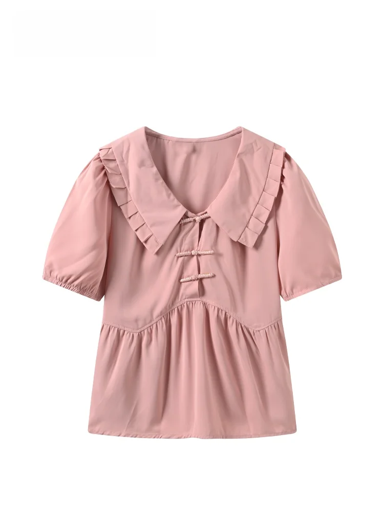 

Новинка лета Sle, большие размеры, женский irt ort Sve, кукольный воротник Hepburn, винтажный Sle Bubble Sve, полиэфирное волокно, обычное...