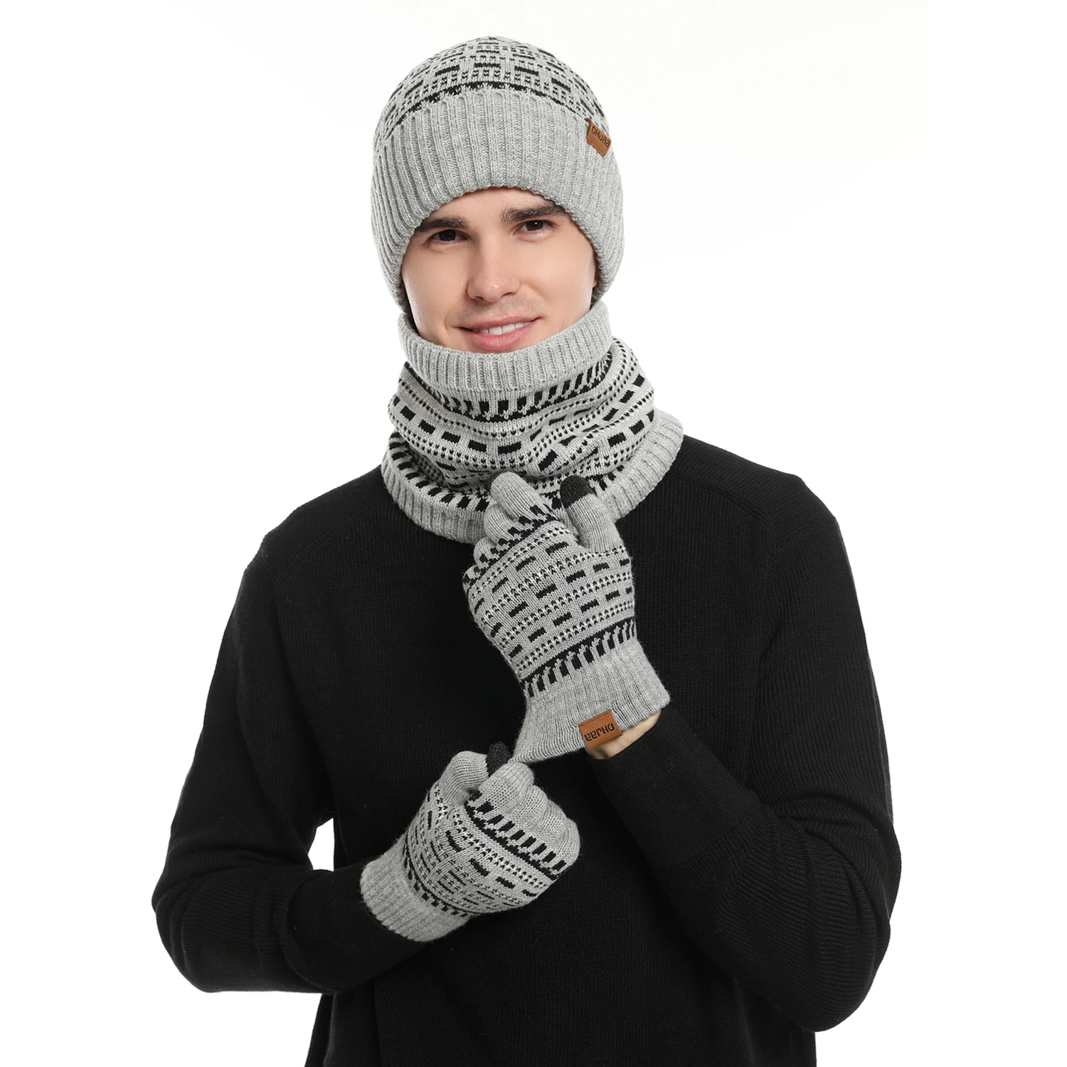 Set invernale da uomo Keep Warm Set berretto Unisex guanti con dita in pile fodera in pile sciarpa maschio filato di lana lavorato a maglia marmitta cappello con ghetta al collo