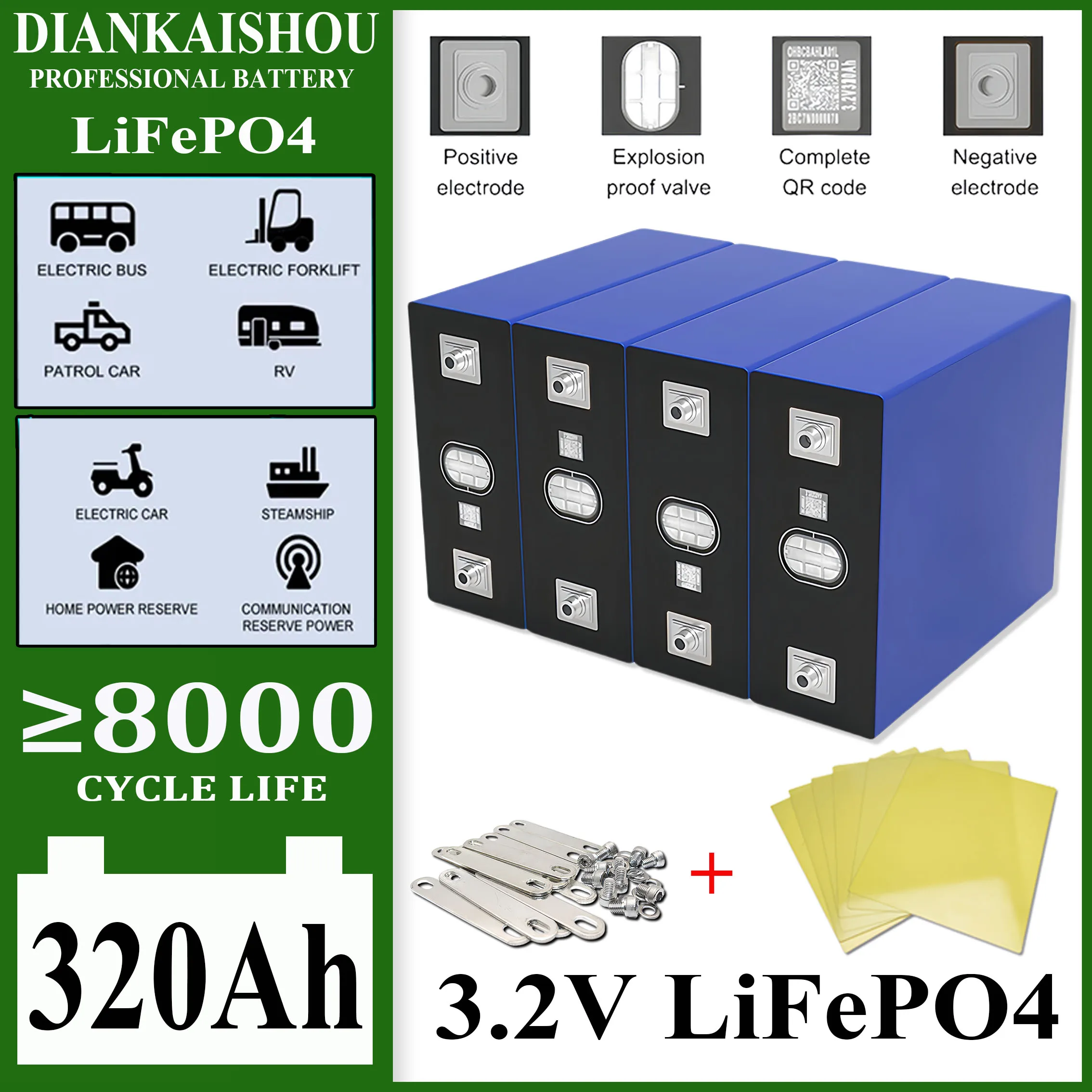 

3.2V 320AH 8000 cycle Grade A Lifepo4 Battery DIY 12V 24V Rechargeable Lithium Iron Phosphate Cell For Golf Cart Boat Duty Free