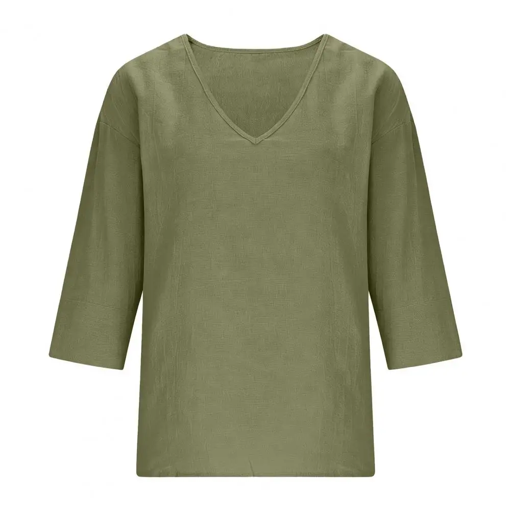 

Удобная повседневная летняя женская рубашка с V-образным вырезом, рукавом до локтя, свободного кроя, однотонная, мягкая, для офиса, женская футболка