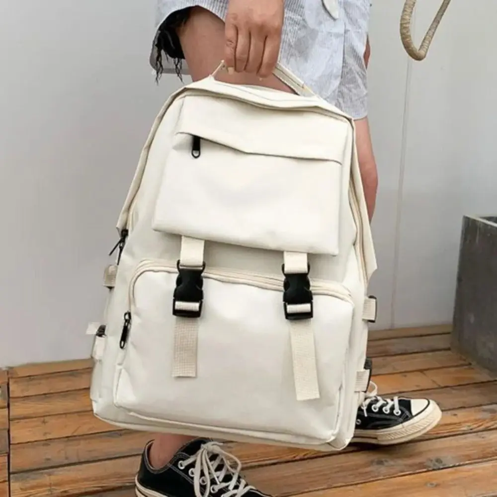 Fashion Large Capacity Students Backpack Solid Color Multi Pocket Canvas School Bag Harajuku Nylon Shoulders Bag Women/Men