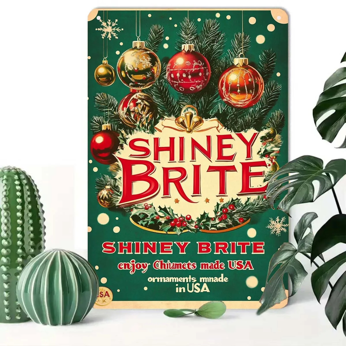 Room Decor  Shiny Brite Vintage Christmas Tin Sign, es, Iron Wall Decor, Rustic Holiday Ornament Art, Indoor/Outdoor Weatherproo