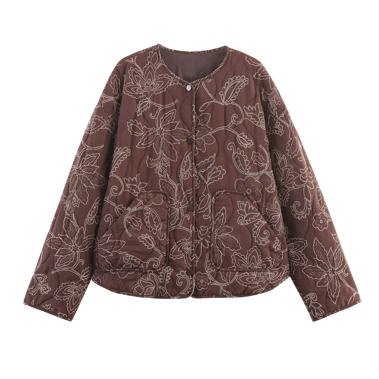 

BSK&TRAF2025 autumn new women's casual temperament simple loose round neck long sleeve quilted printed jacket