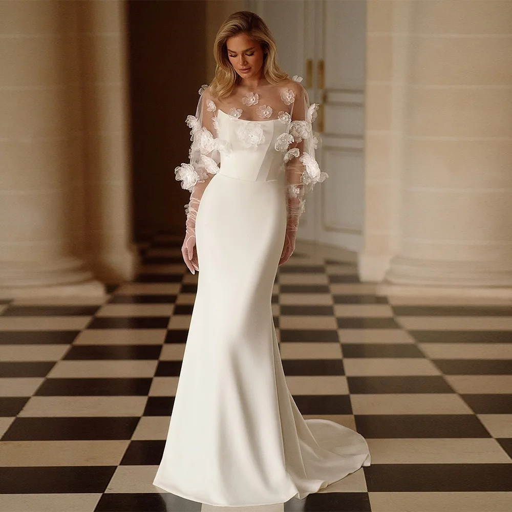 ชุดแต่งงานแบบเจอร์ซีย์สั่งตัดพิเศษ โรแมนติก พร้อมผ้าคลุมไหล่ ประดับดอกไม้ 3 มิติ ดีไซน์หรูหรา ทรงเมอร์เมด ทันสมัย แบบไม่มีแขน