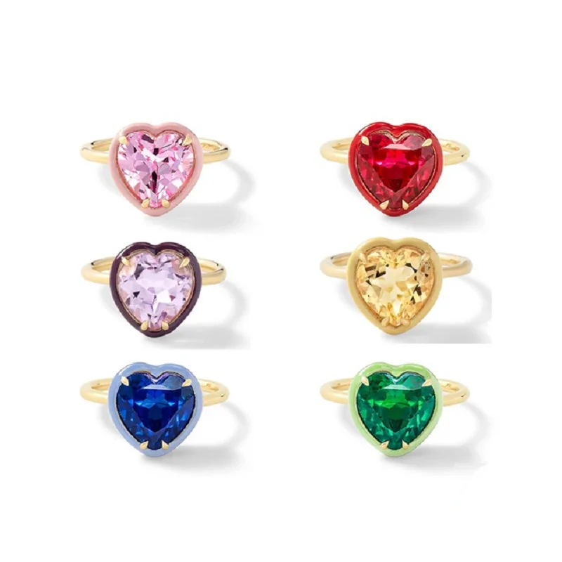 2023 Summer New Fashion Women Finger Jewelry Big Heart Shaped Main Stone With Matching Enamel CZ Birstone Rings