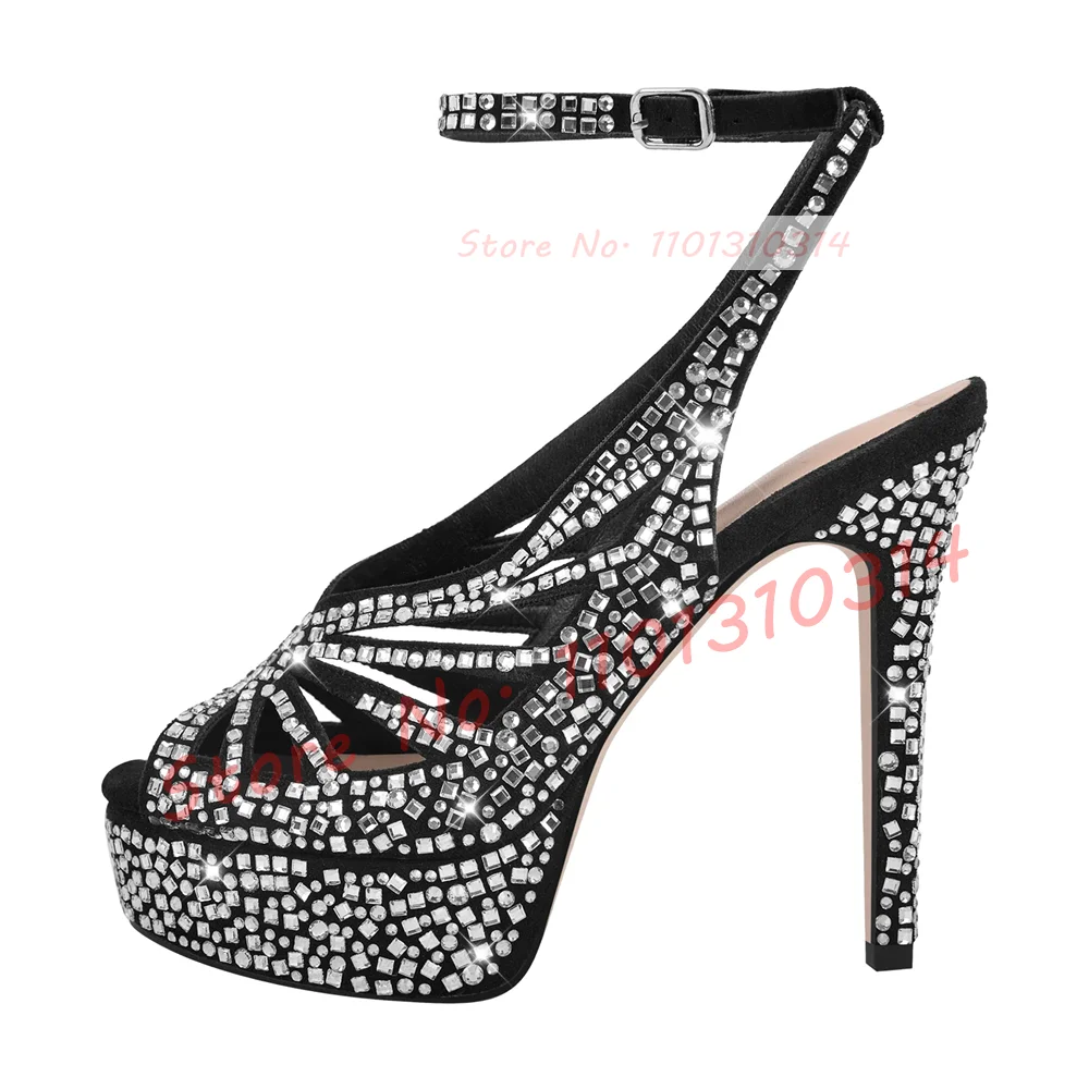 

Wing-shape Crystal Platform Sandals Women Peep Toe High Stiletto Heels Shoes Bling Stylish Summer Casual Ankle Strap Sandals