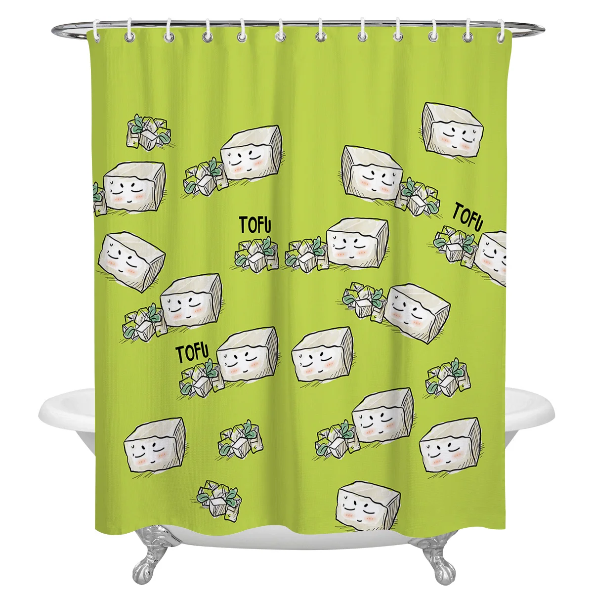 Cute Green Tofu Cartoon Waterproof Bathroom Decoration Shower Curtain With Hook Printed Bathtub Curtains Bathroom Accessories